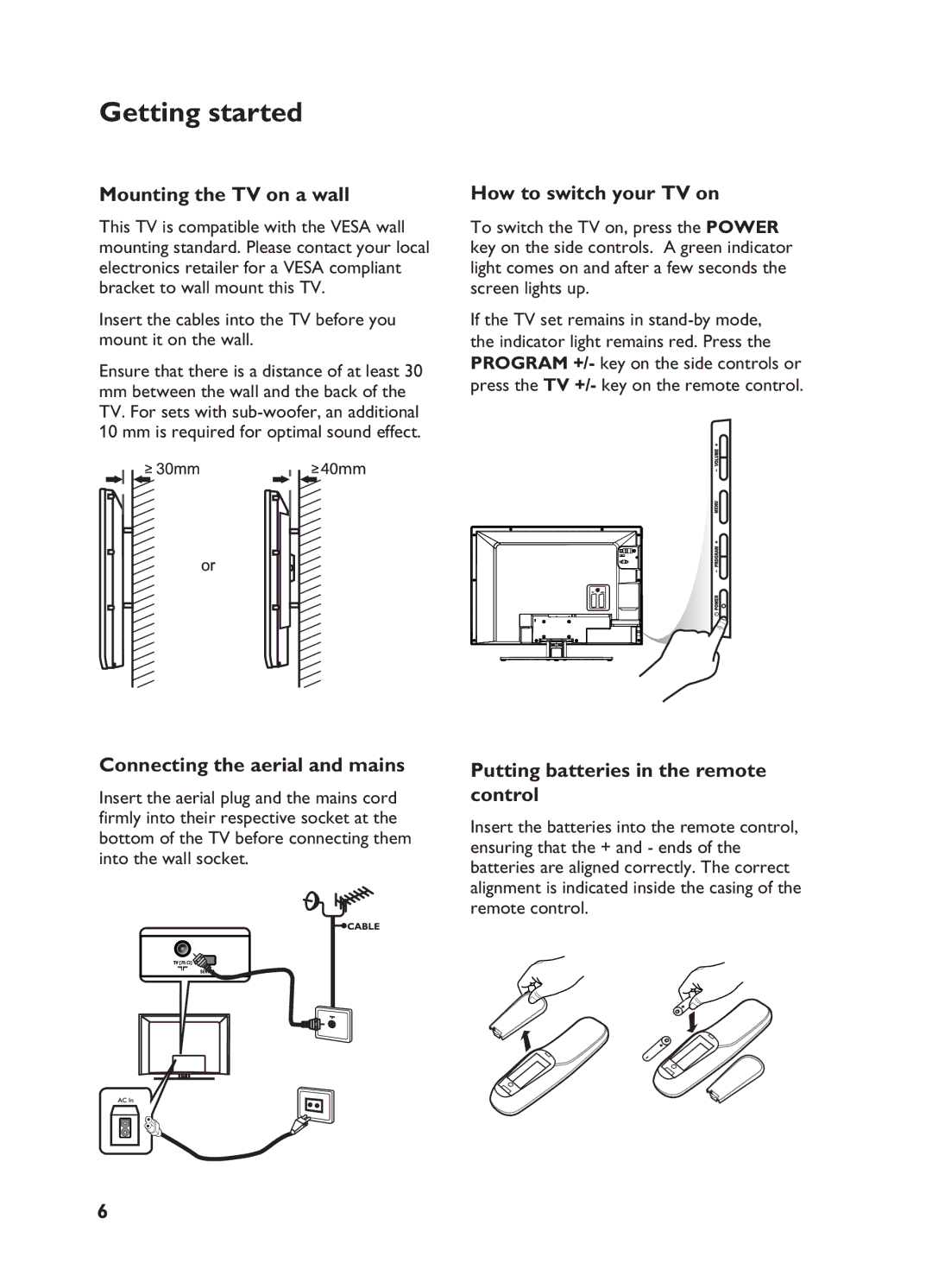 Philips 32HF7875 Getting started, Mounting the TV on a wall, Connecting the aerial and mains, How to switch your TV on 