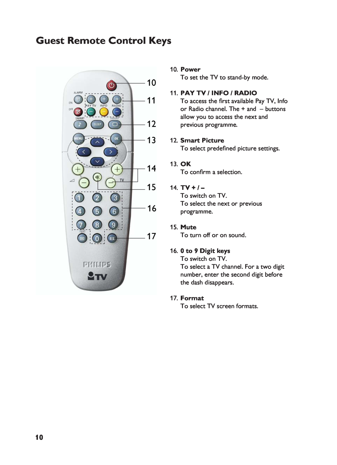 Philips 32HF7875 Pay Tv / Info / Radio, Smart Picture, Tv +, Mute, 0 to 9 Digit keys, Format, Guest Remote Control Keys 