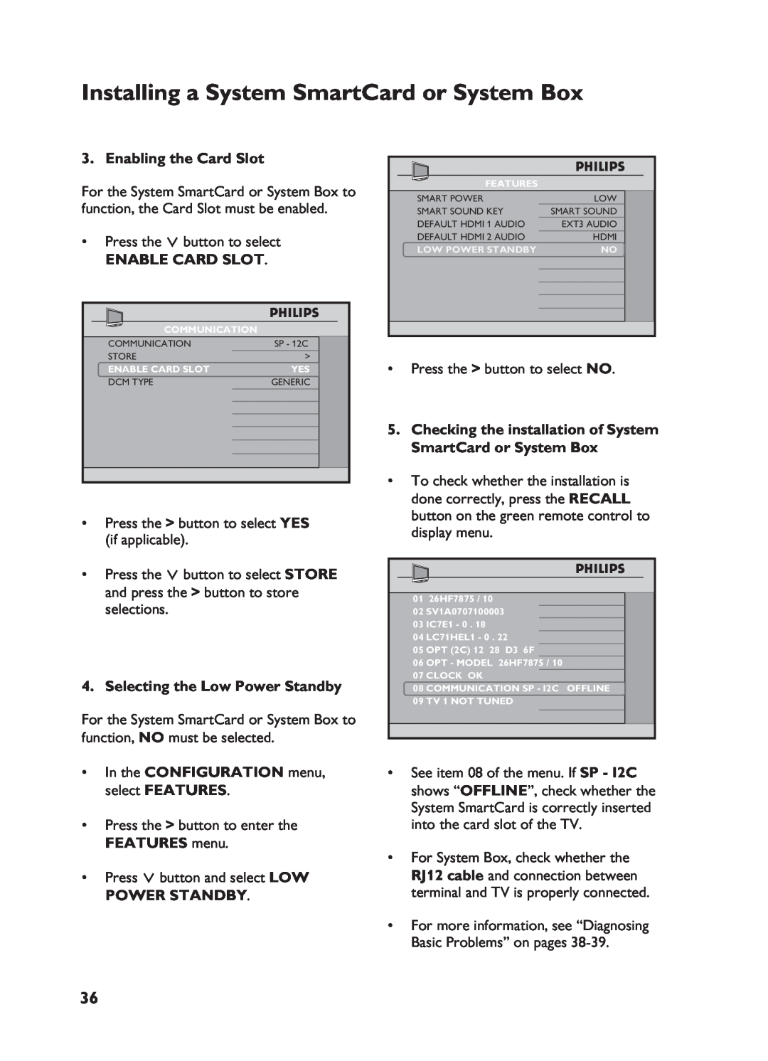 Philips 32HF7875, 32HF5445 user manual Enabling the Card Slot, Enable Card Slot, Selecting the Low Power Standby 