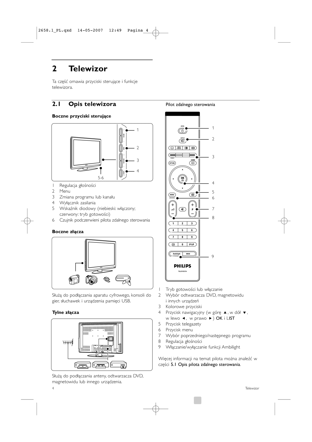 Philips 32HF9385D, 42HF9385D manual Telewizor, Opis telewizora, Boczne przyciski sterujące, Boczne złącza, Tylne złącza 