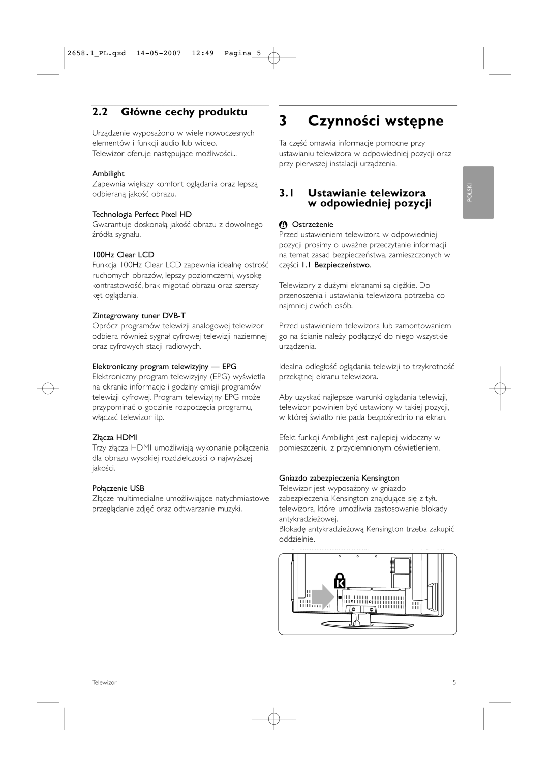 Philips 32HF9385D, 42HF9385D manual Czynności wstępne, Główne cechy produktu, Ustawianie telewizora w odpowiedniej pozycji 