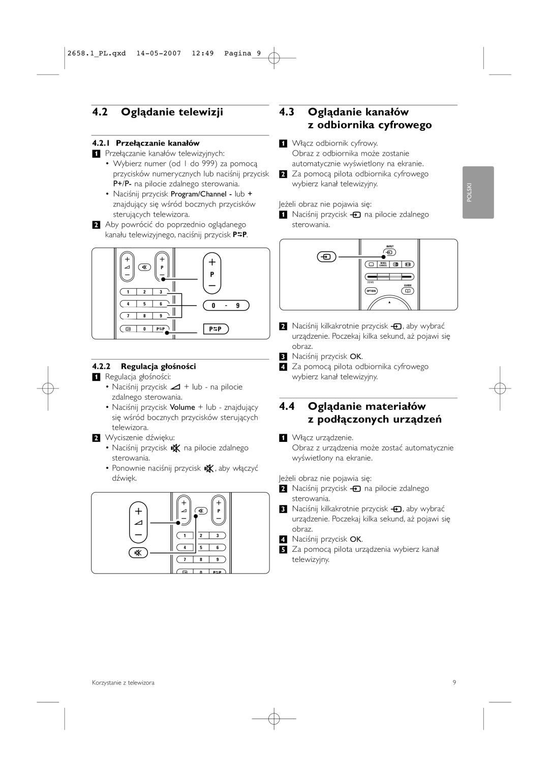 Philips 32HF9385D, 42HF9385D manual Oglądanie telewizji Oglądanie kanałów, Oglądanie materiałów Podłączonych urządzeń 