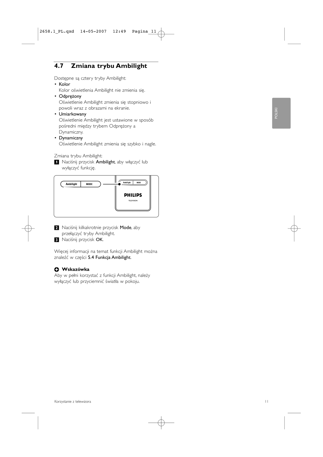 Philips 32HF9385D, 42HF9385D manual Zmiana trybu Ambilight 