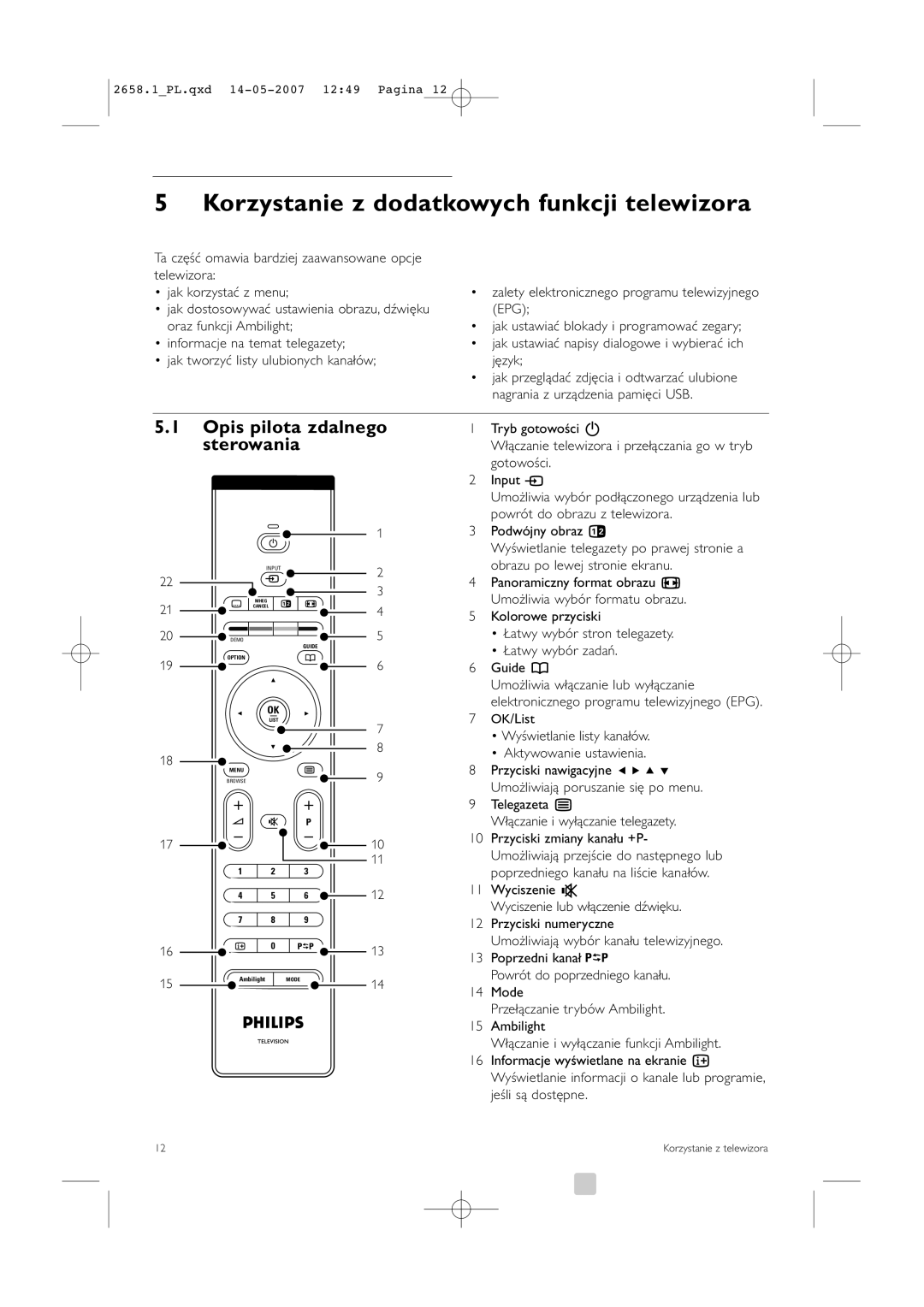 Philips 32HF9385D, 42HF9385D manual Korzystanie z dodatkowych funkcji telewizora, Opis pilota zdalnego, Sterowania 