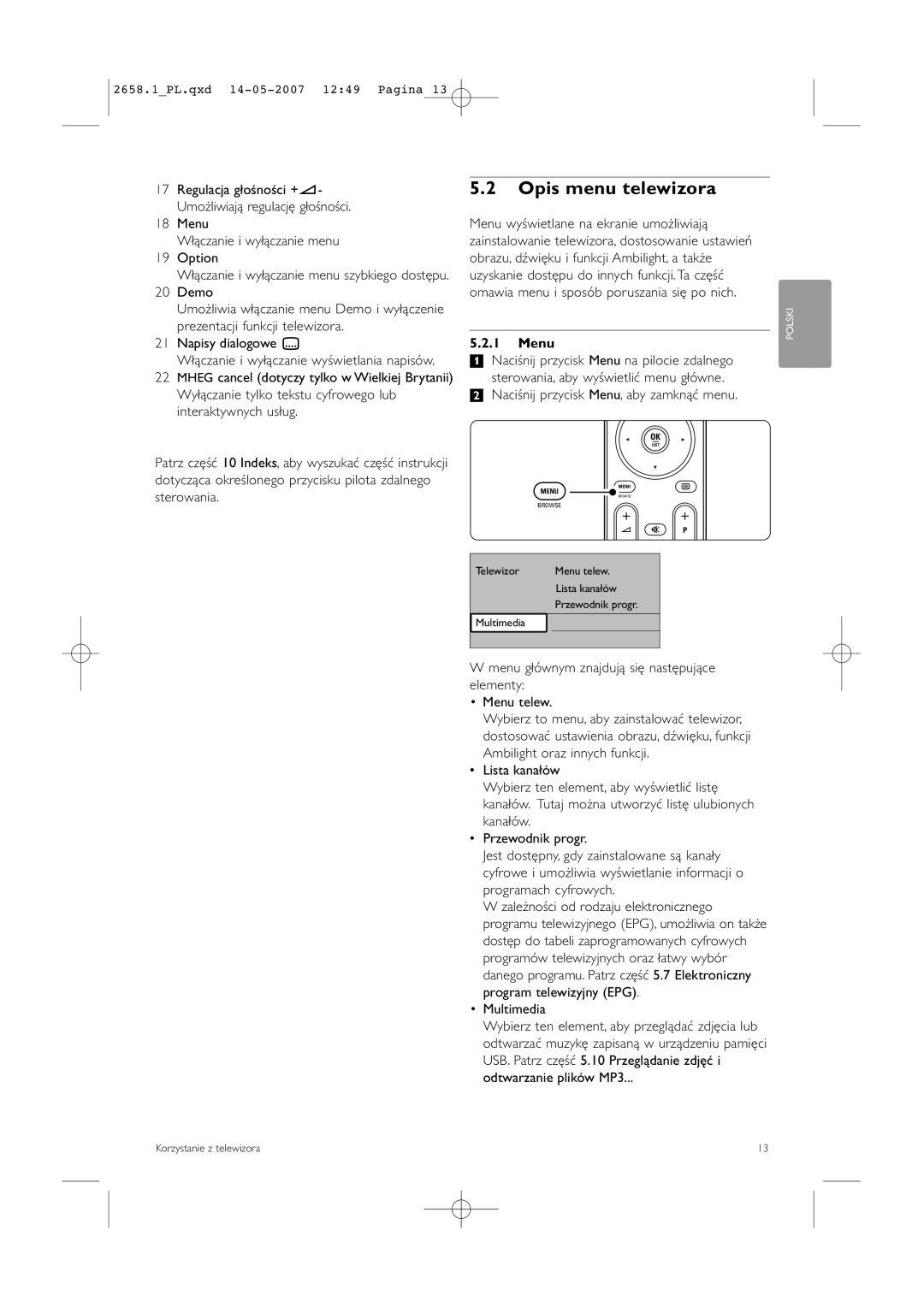 Philips 32HF9385D, 42HF9385D manual Opis menu telewizora, Menu Włączanie i wyłączanie menu Option 