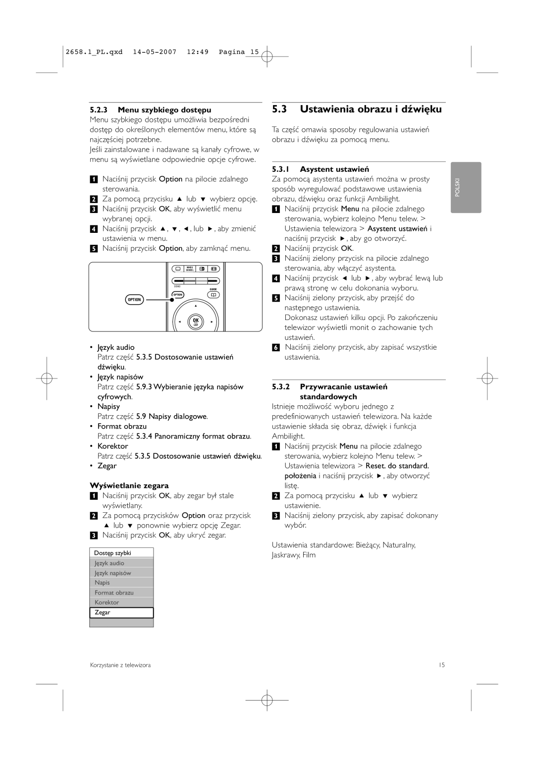 Philips 32HF9385D, 42HF9385D Ustawienia obrazu i dźwięku, Menu szybkiego dostępu, Wyświetlanie zegara, Asystent ustawień 