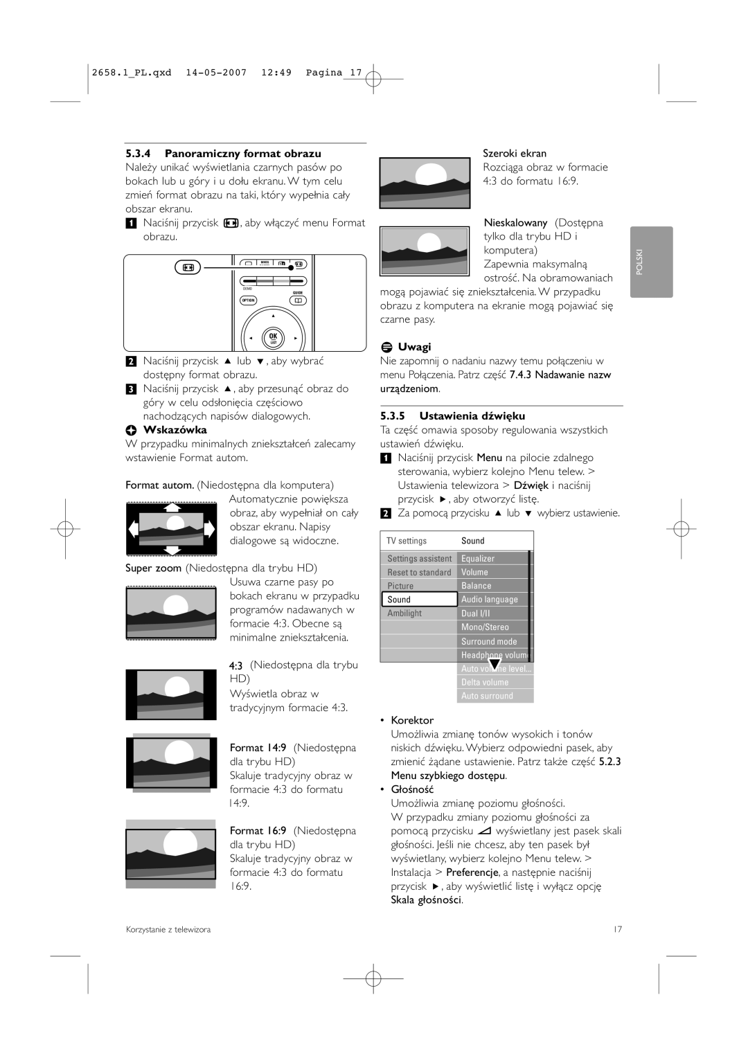 Philips 32HF9385D, 42HF9385D manual RUwagi, Ustawienia dźwięku 