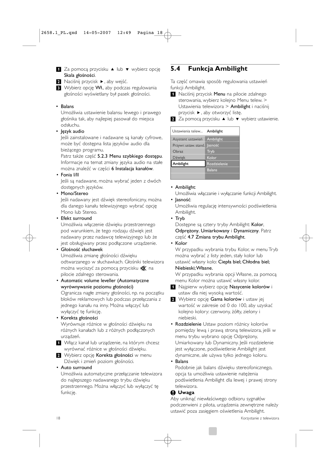 Philips 32HF9385D, 42HF9385D Funkcja Ambilight, Urządzeń, Kolejno kolory czerwony, żółty, zielony i niebieski, Balans 