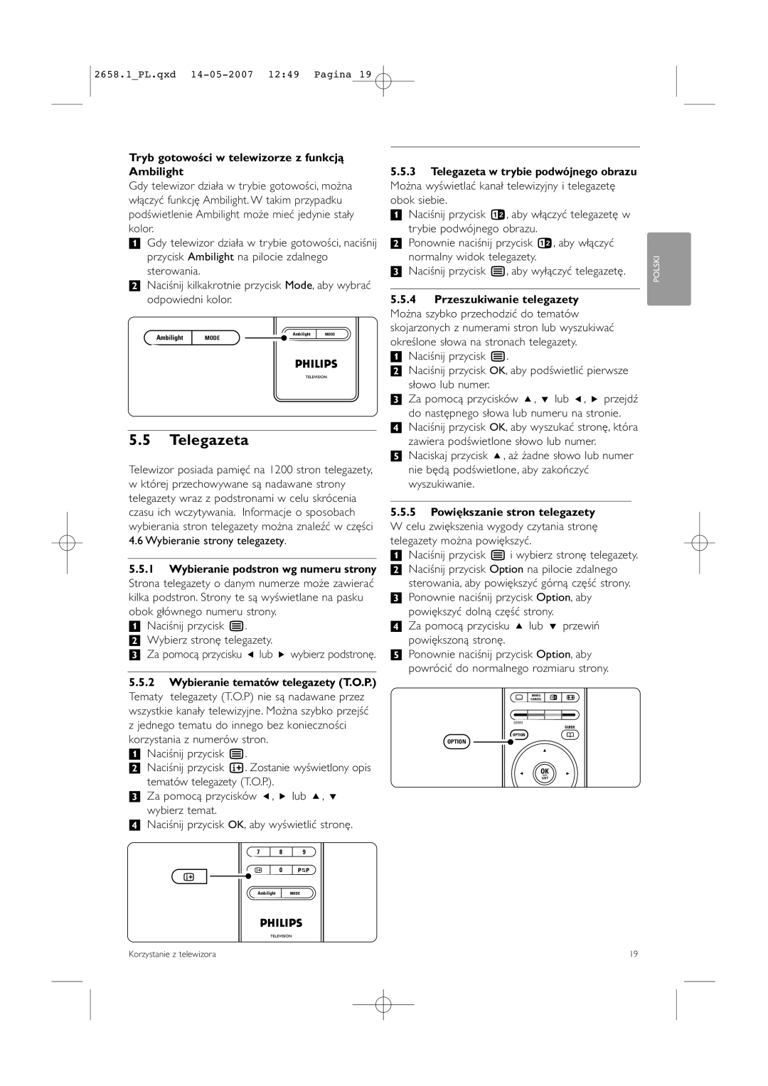 Philips 32HF9385D, 42HF9385D manual Telegazeta, Tryb gotowości w telewizorze z funkcją Ambilight, Przeszukiwanie telegazety 