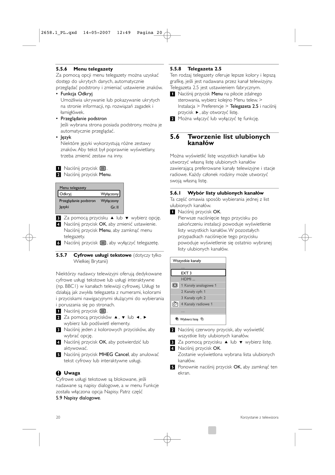 Philips 32HF9385D, 42HF9385D manual Tworzenie list ulubionych kanałów, Menu telegazety, Telegazeta 