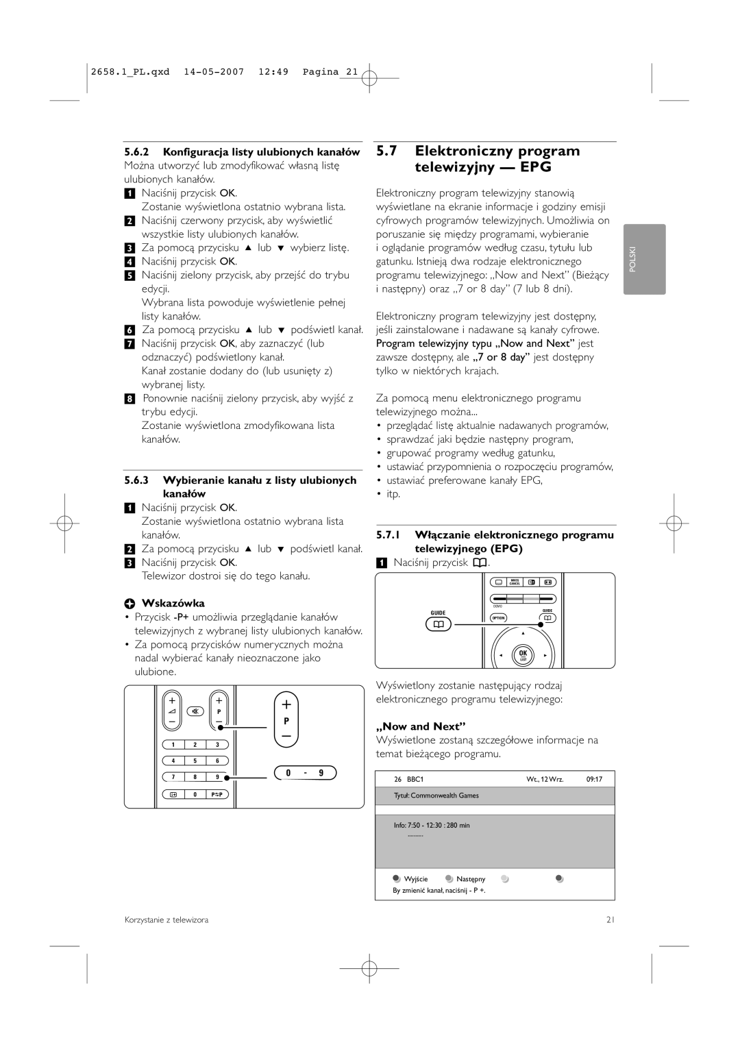 Philips 32HF9385D, 42HF9385D manual Elektroniczny program telewizyjny EPG, Wybieranie kanału z listy ulubionych kanałów 