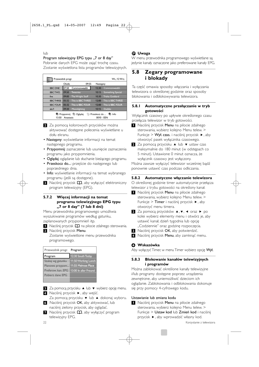 Philips 32HF9385D, 42HF9385D manual Zegary programowane i blokady, Automatyczne przełączanie w tryb gotowości 