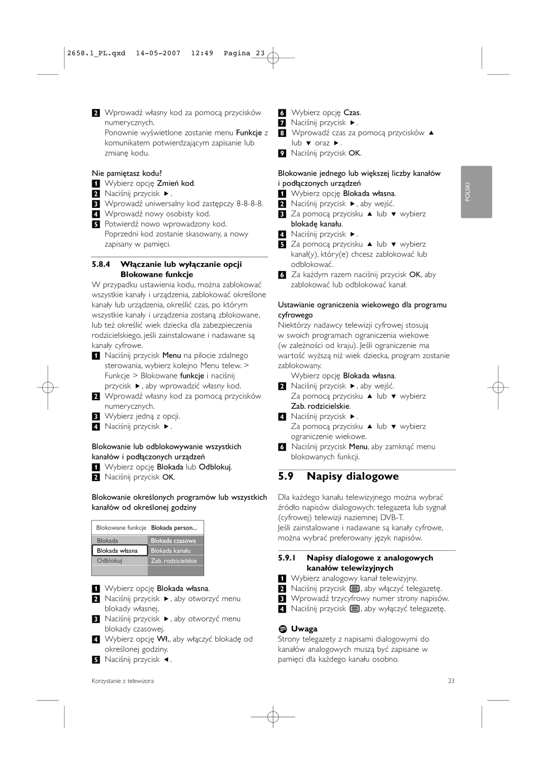 Philips 32HF9385D, 42HF9385D manual Napisy dialogowe, 4 Włączanie lub wyłączanie opcji Blokowane funkcje 