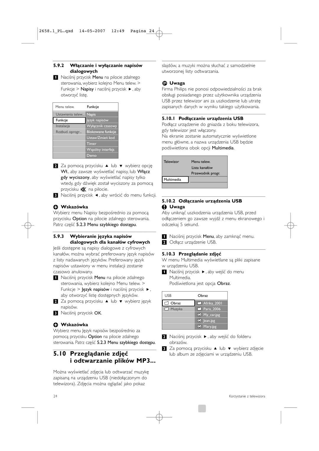 Philips 32HF9385D, 42HF9385D manual Przeglądanie zdjęć Odtwarzanie plików MP3, 2 Włączanie i wyłączanie napisów dialogowych 