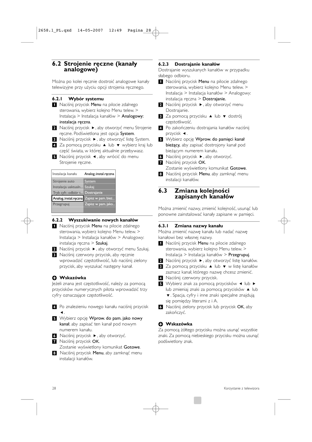 Philips 32HF9385D, 42HF9385D manual Strojenie ręczne kanały analogowe, Zmiana kolejności zapisanych kanałów 