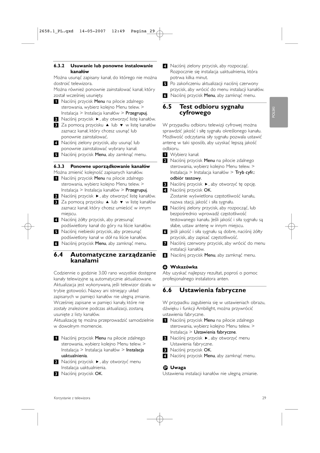 Philips 32HF9385D, 42HF9385D manual Automatyczne zarządzanie kanałami, Test odbioru sygnału cyfrowego, Ustawienia fabryczne 