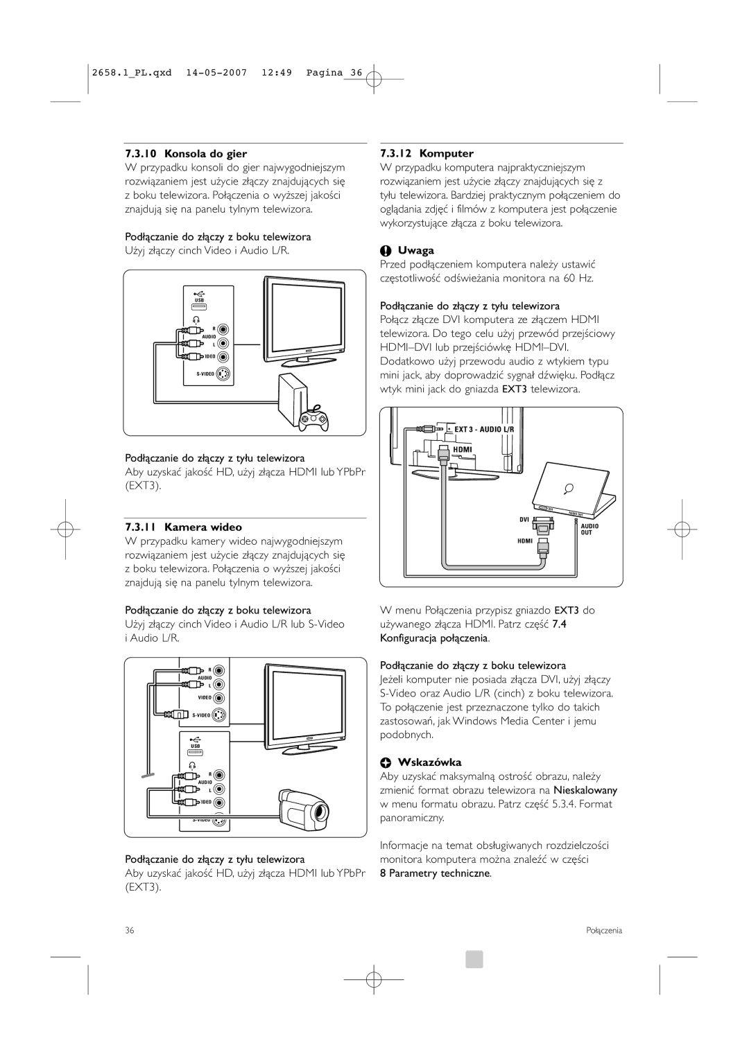 Philips 32HF9385D, 42HF9385D manual Konsola do gier, Kamera wideo, Komputer, Podłączanie do złączy z tyłu telewizora 