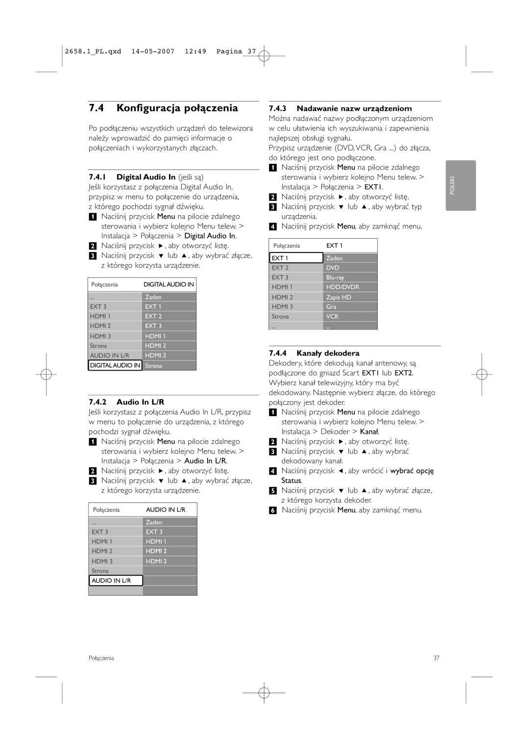 Philips 32HF9385D, 42HF9385D manual Konfiguracja połączenia, Digital Audio In jeśli są, Audio In L/R, Kanały dekodera 