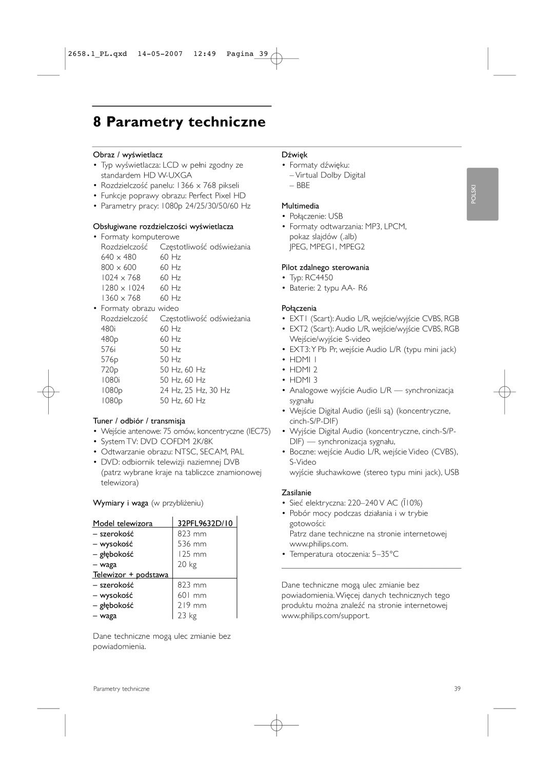 Philips 32HF9385D, 42HF9385D manual Parametry techniczne, 640 x 800 x 1024 x 1280 x 1360 x Formaty obrazu wideo 