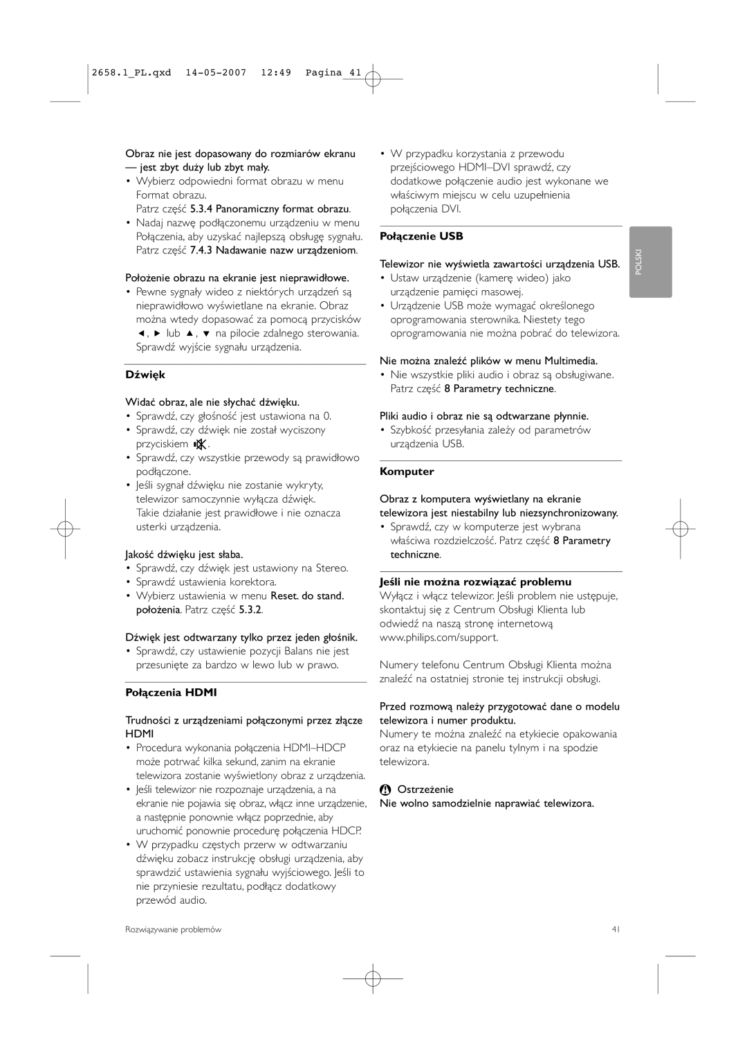 Philips 32HF9385D, 42HF9385D manual Dźwięk, Połączenia Hdmi, Połączenie USB, Jeśli nie można rozwiązać problemu 