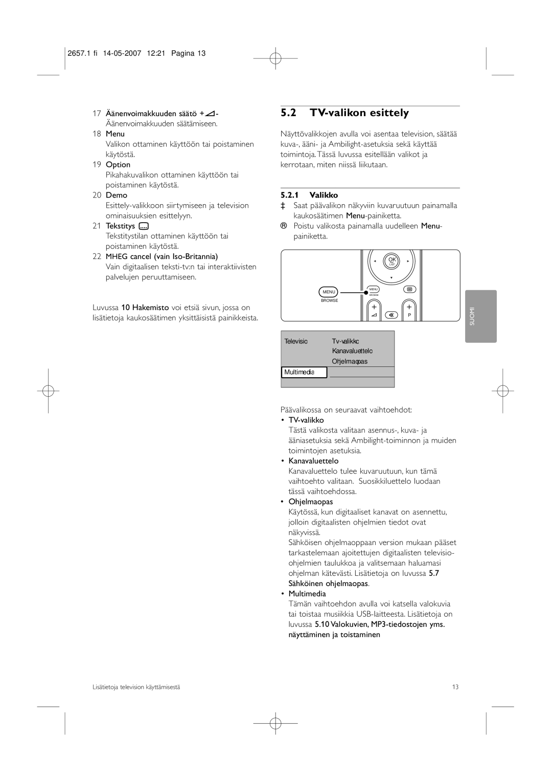 Philips 32HF9385D manual TV-valikon esittely, Valikko, Poistu valikosta painamalla uudelleen Menu- painiketta, Multimedia 