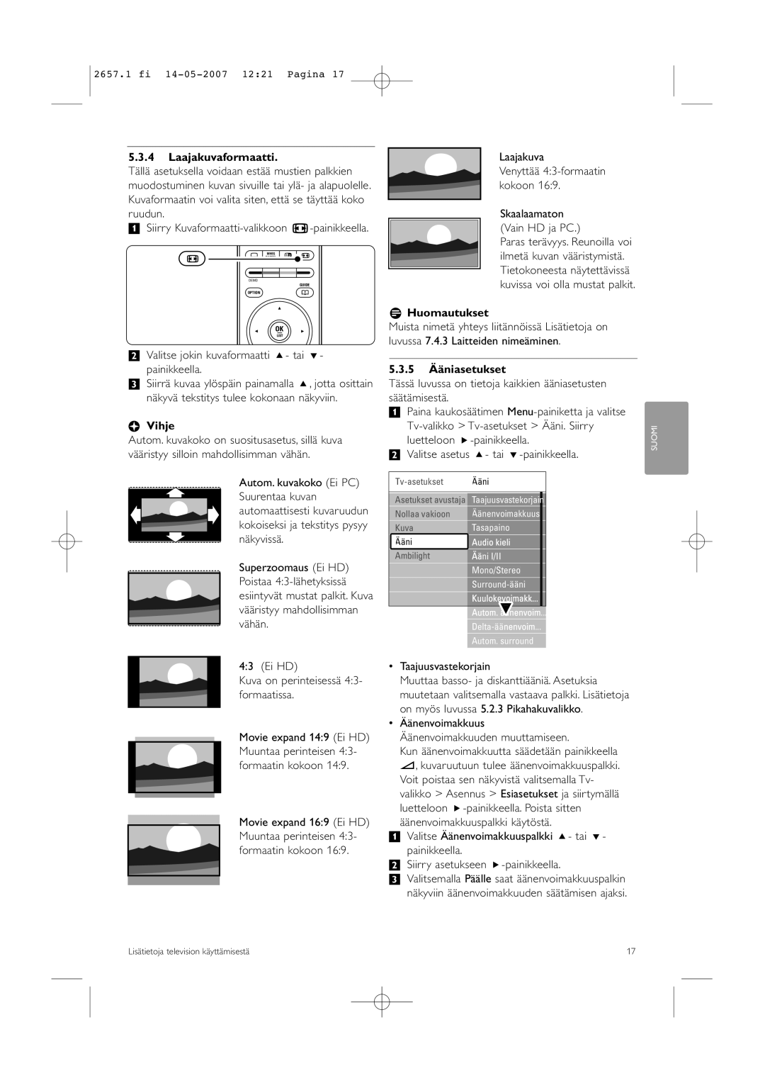 Philips 32HF9385D manual Laajakuvaformaatti, RHuomautukset, 5 Ääniasetukset 