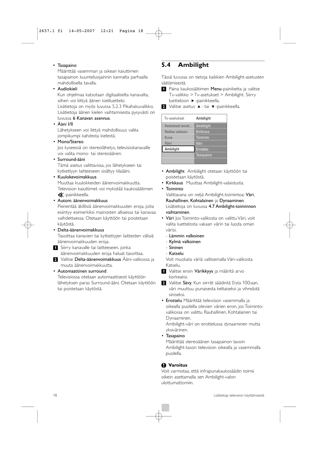 Philips 32HF9385D manual Ambilight, Surround-ääni 