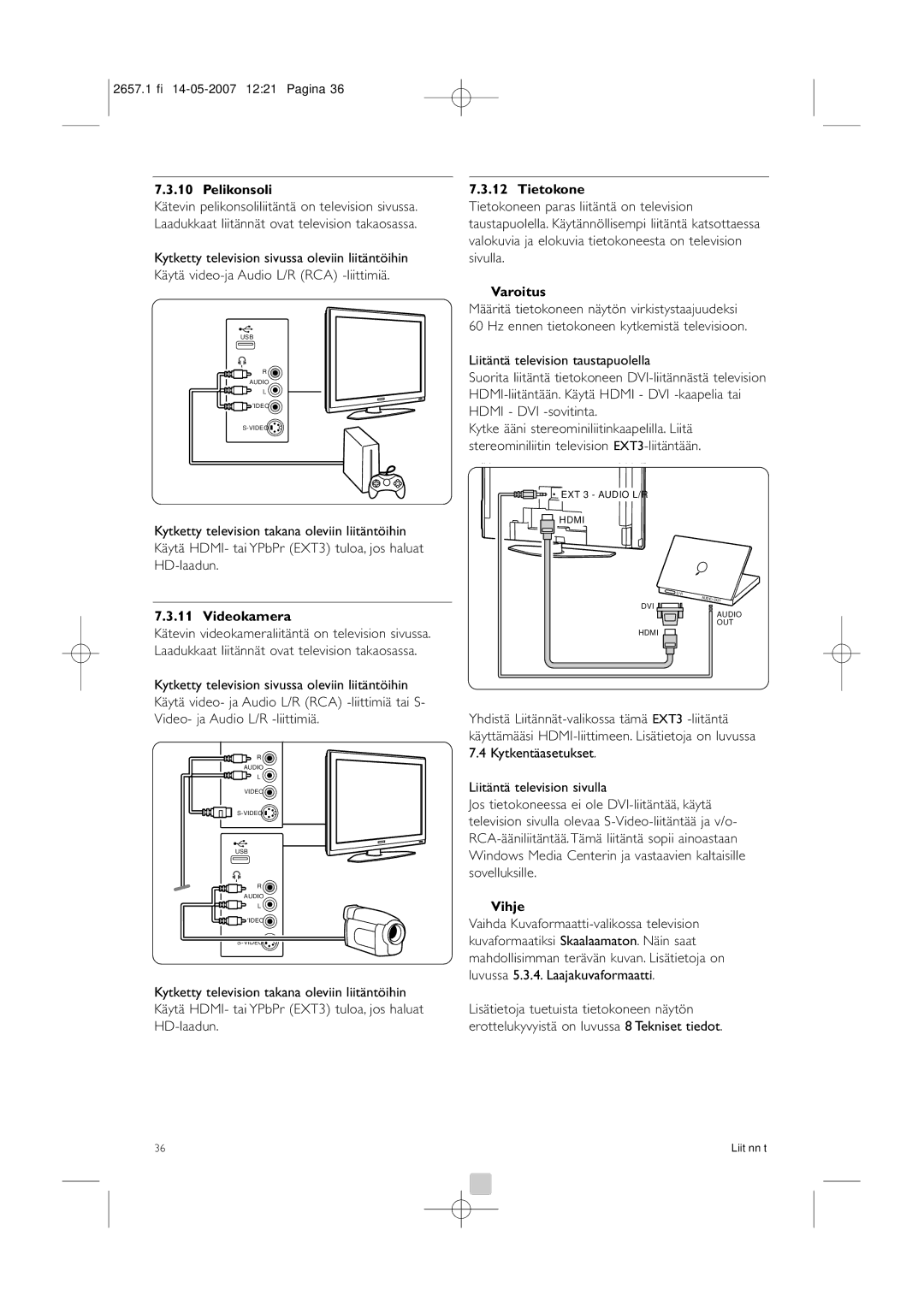 Philips 32HF9385D manual Pelikonsoli, Videokamera, Tietokone 