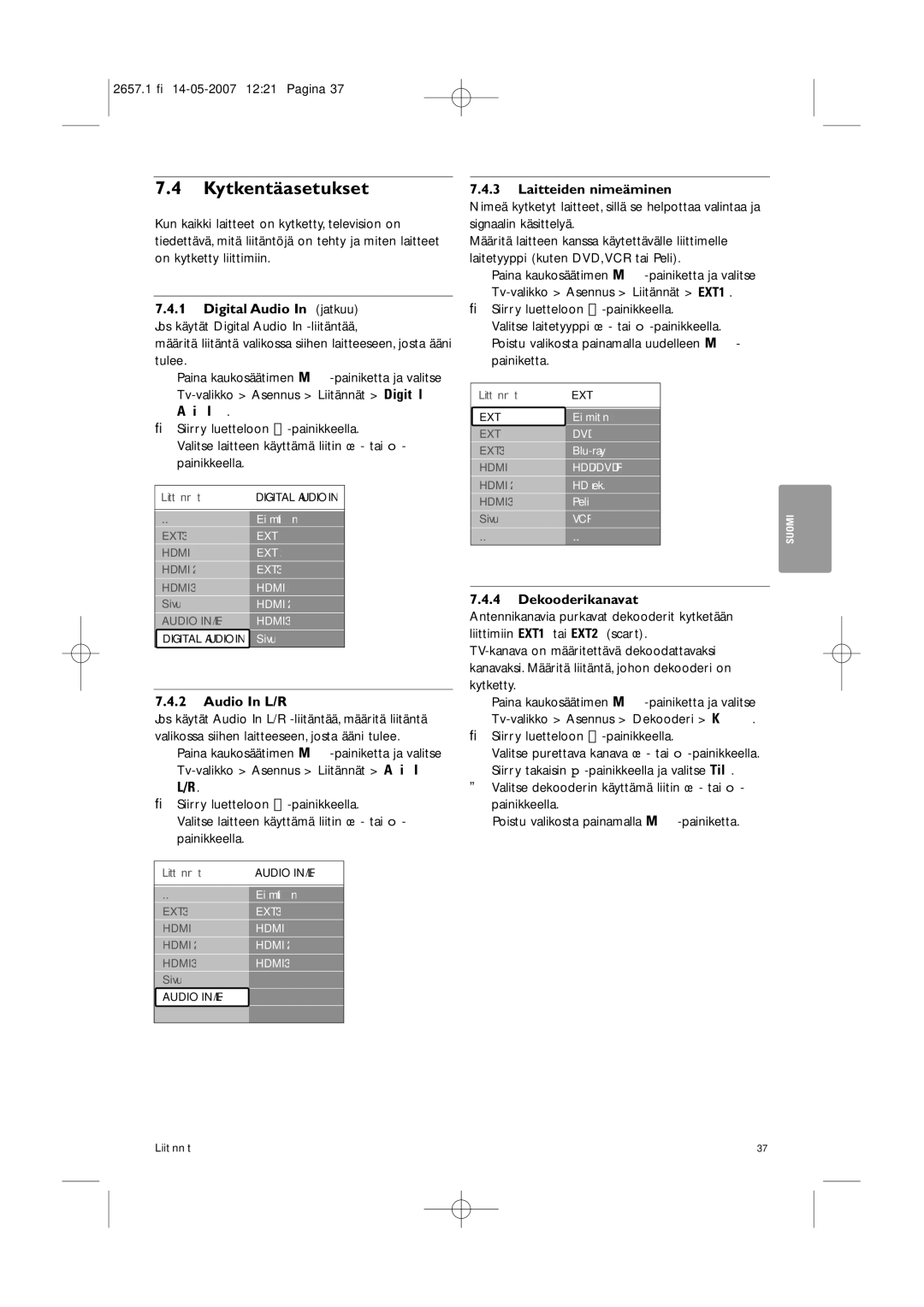 Philips 32HF9385D manual Kytkentäasetukset, Audio In L/R, Laitteiden nimeäminen, Dekooderikanavat 