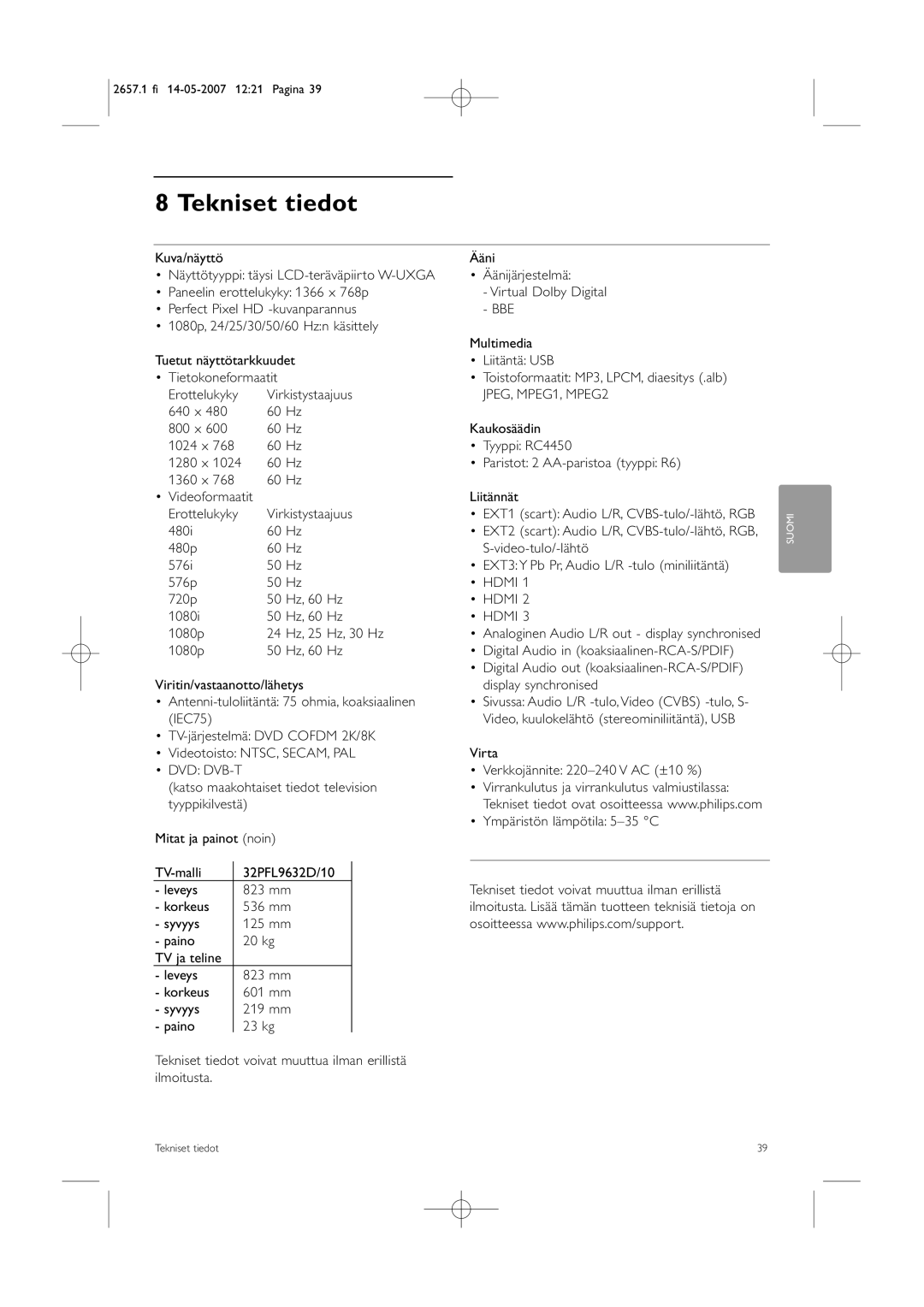 Philips 32HF9385D manual Tekniset tiedot 