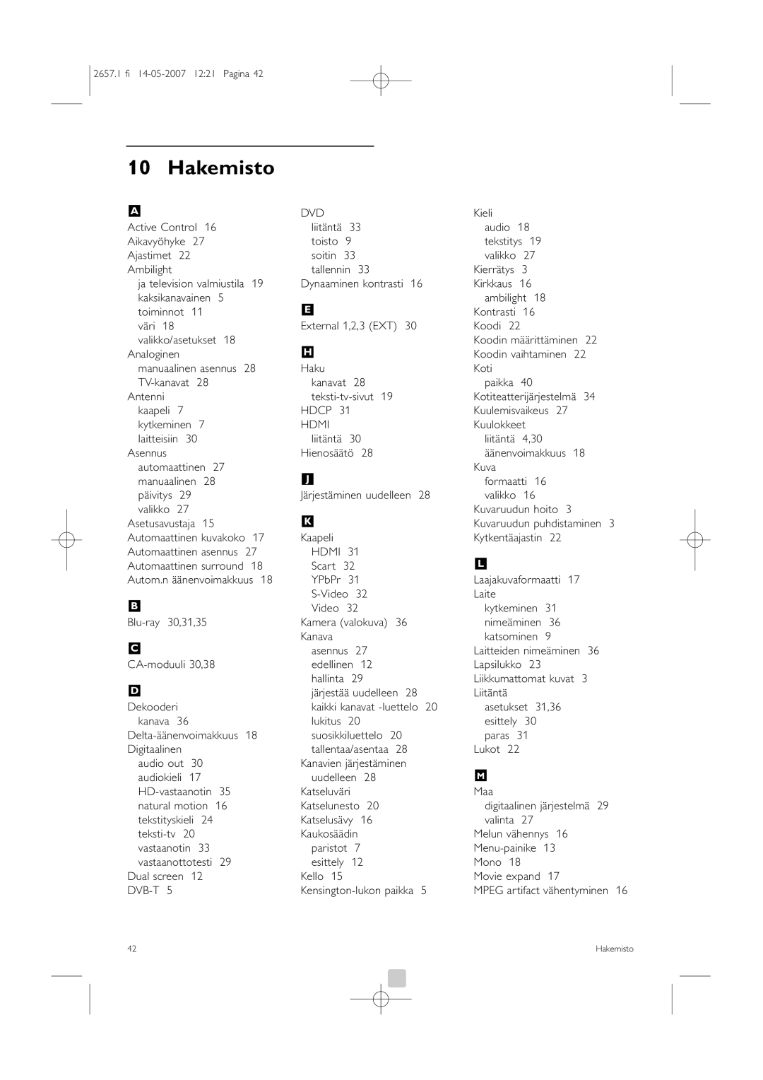 Philips 32HF9385D manual Hakemisto 