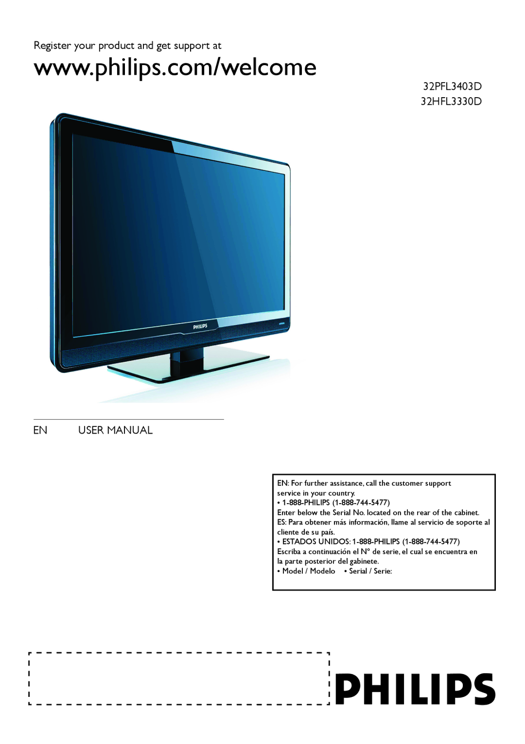 Philips 32HFL3330D user manual Model / Modelo Serial / Serie 