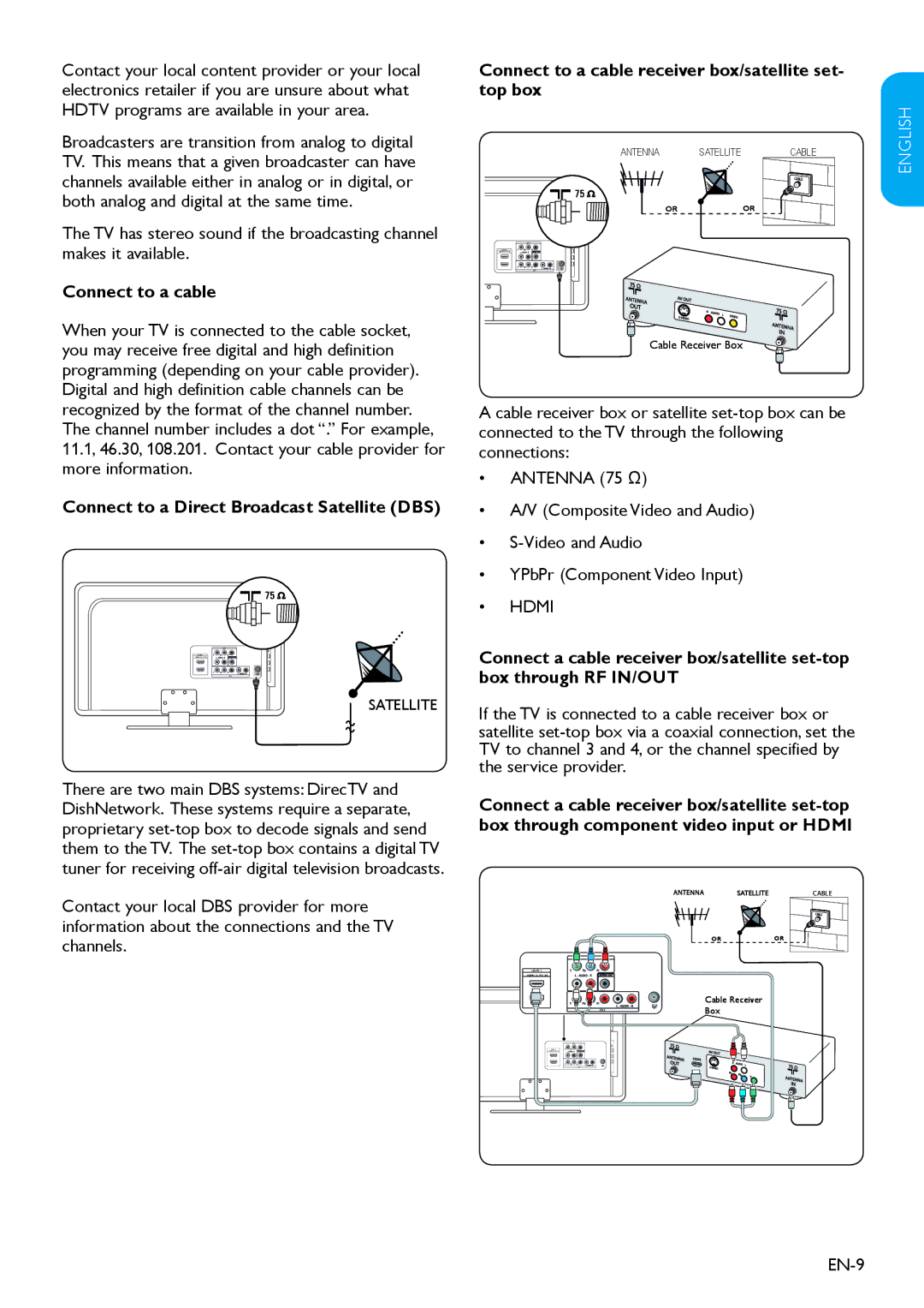 Philips 32HFL3330D user manual Connect to a cable, Connect to a Direct Broadcast Satellite DBS, EN-9 