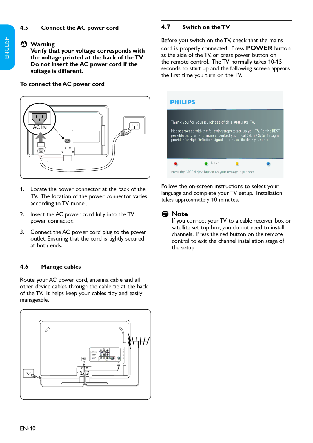 Philips 32HFL3330D user manual DD Note, Manage cables, Switch on the TV, Before you switch on the TV, check that the mains 