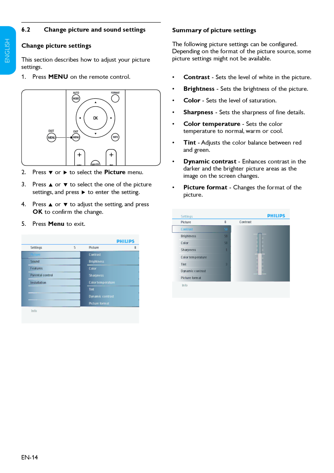 Philips 32HFL3330D Change picture and sound settings Change picture settings, Summary of picture settings, EN-14 