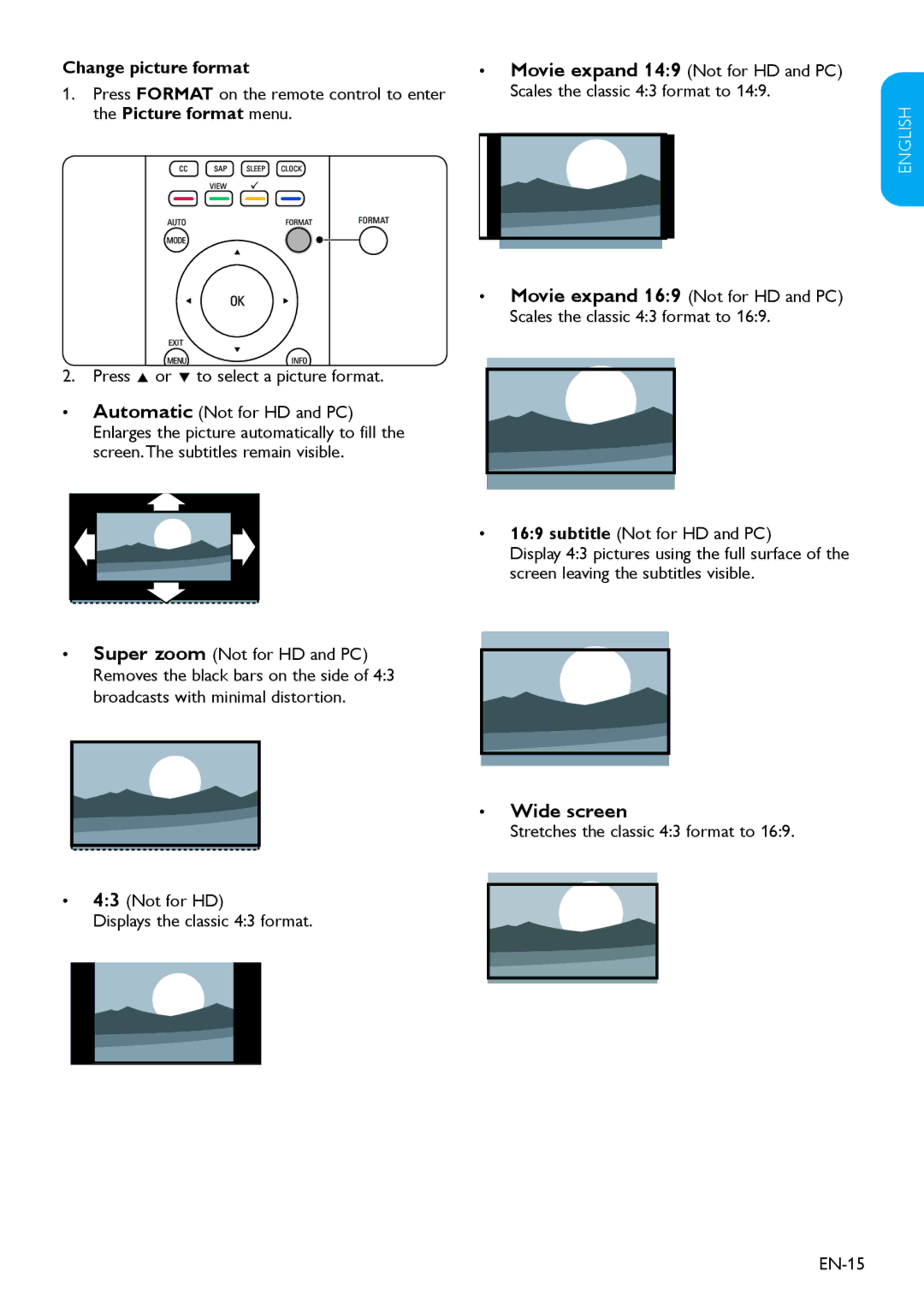 Philips 32HFL3330D user manual Wide screen, Change picture format, Movie expand 149 Not for HD and PC, Picture format menu 