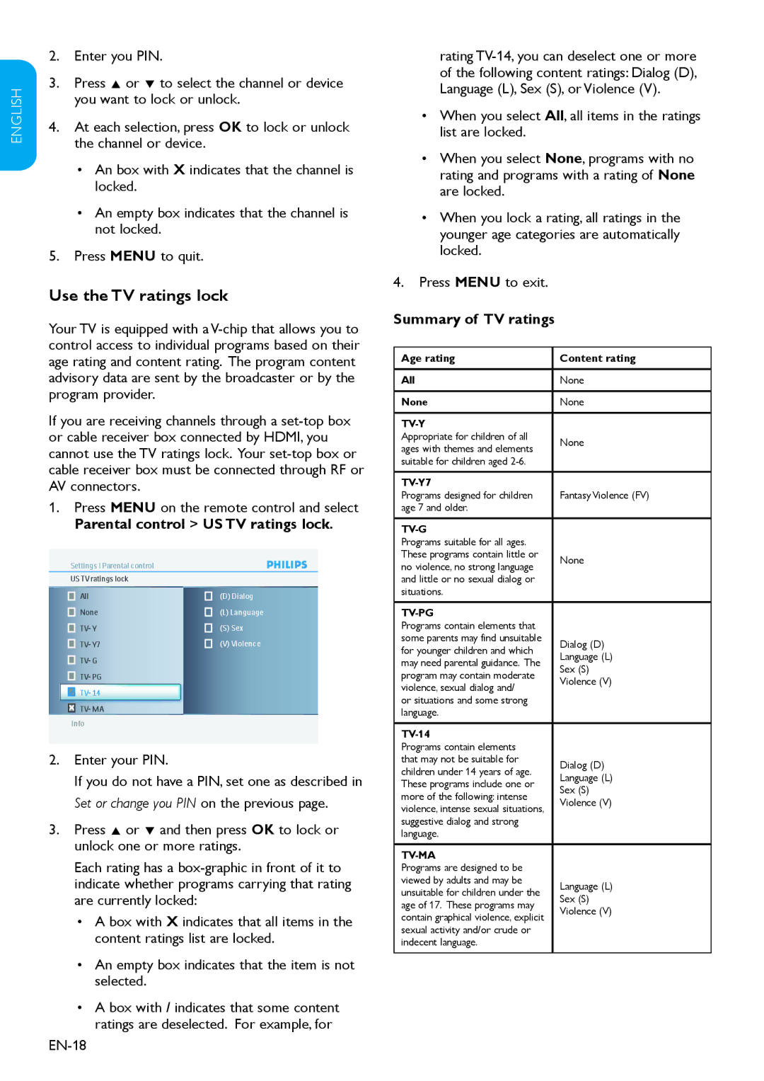 Philips 32HFL3330D user manual Use the TV ratings lock, Parental control US TV ratings lock, Summary of TV ratings 