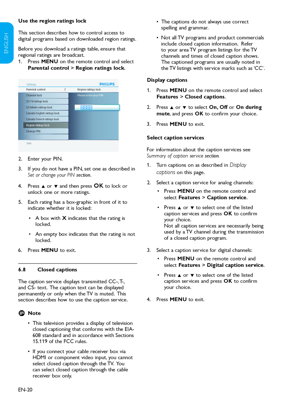 Philips 32HFL3330D user manual Use the region ratings lock, Closed captions, Display captions, Select caption services 