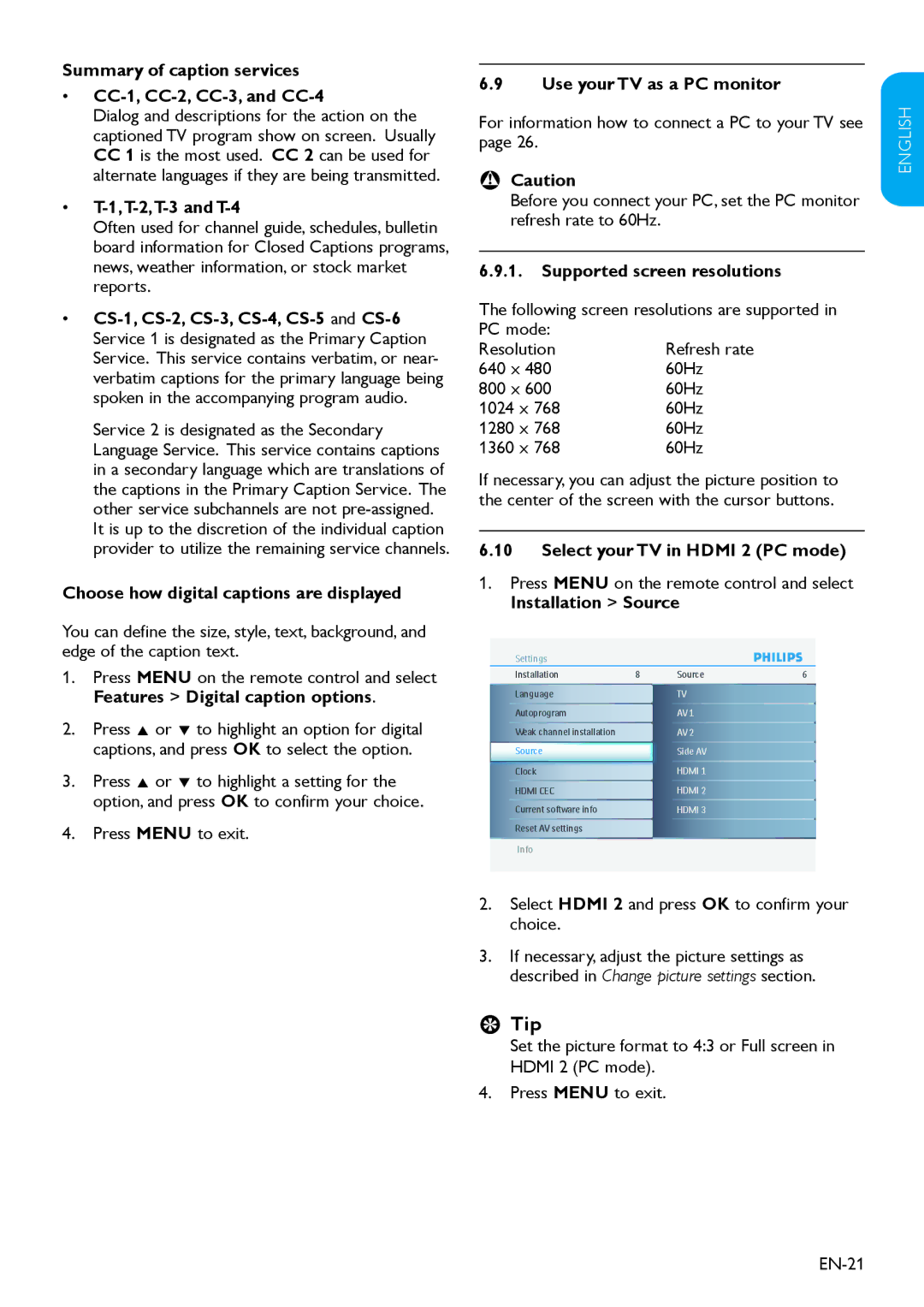 Philips 32HFL3330D Summary of caption services CC-1, CC-2, CC-3, and CC-4, T-2,T-3 and T-4, Use your TV as a PC monitor 