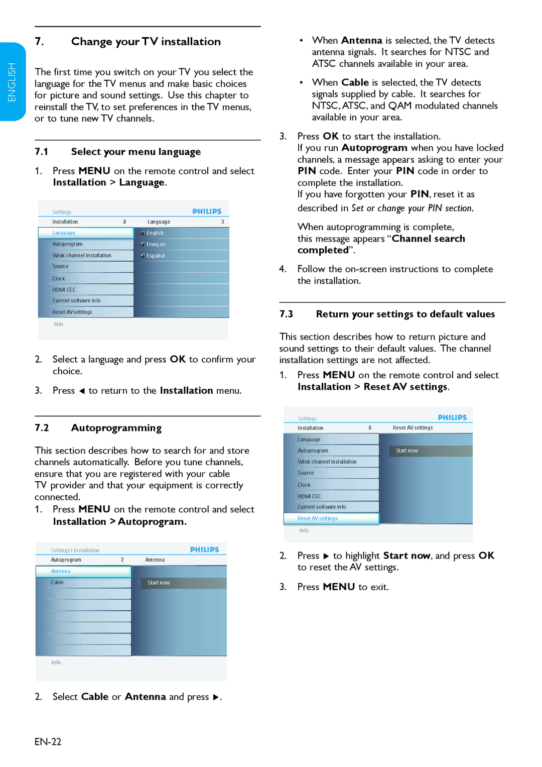 Philips 32HFL3330D Change your TV installation, Select your menu language, Autoprogramming, Installation Autoprogram 