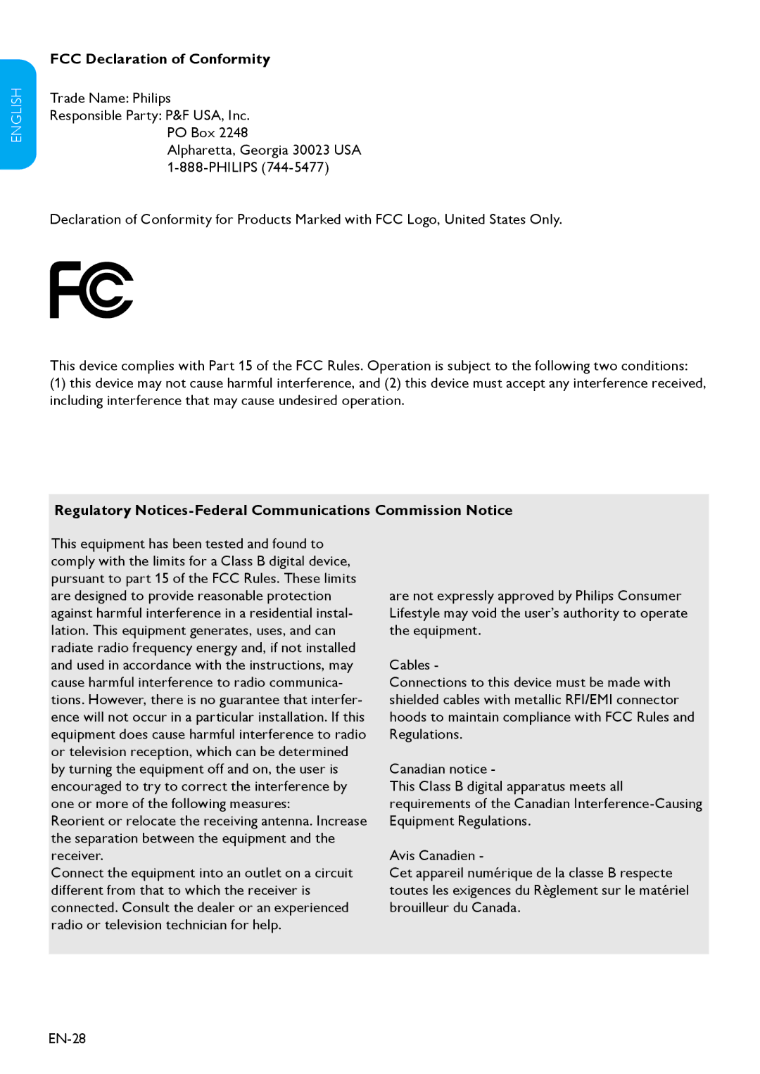 Philips 32HFL3330D user manual FCC Declaration of Conformity, Regulatory Notices-Federal Communications Commission Notice 