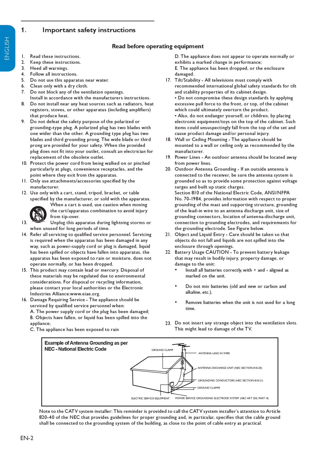 Philips 32HFL3330D user manual Important safety instructions, Read before operating equipment, EN-2 