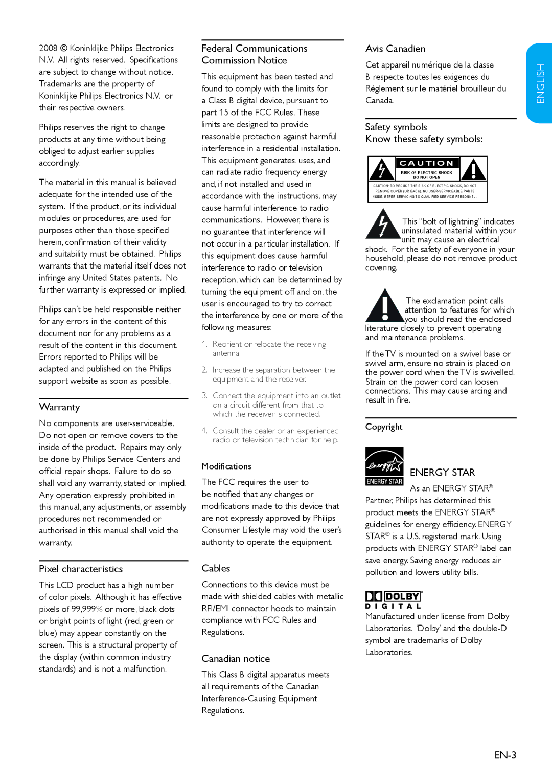 Philips 32HFL3330D Warranty, Avis Canadien, Safety symbols Know these safety symbols, Pixel characteristics, Cables, EN-3 