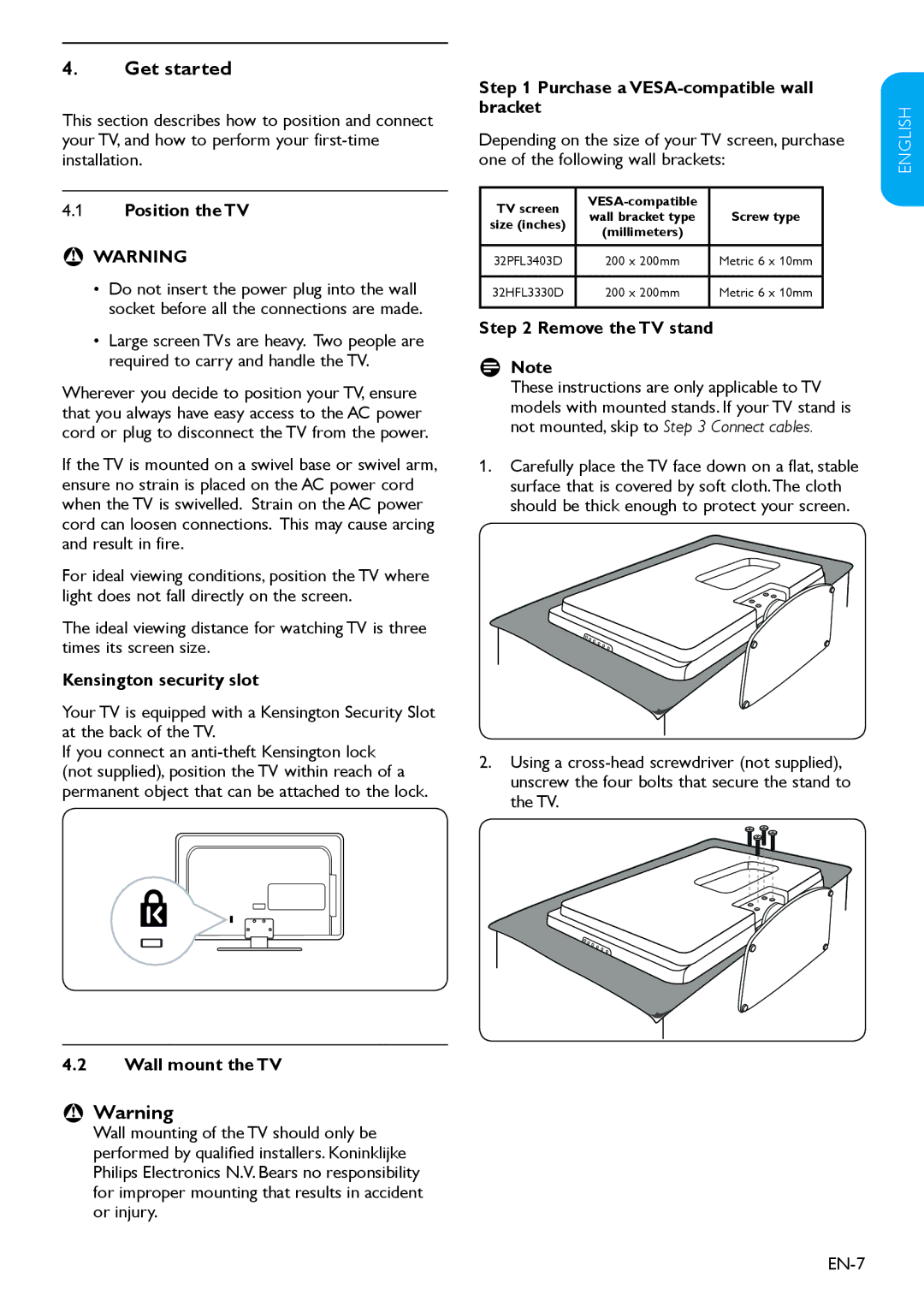 Philips 32HFL3330D user manual Get started, BB Warning 