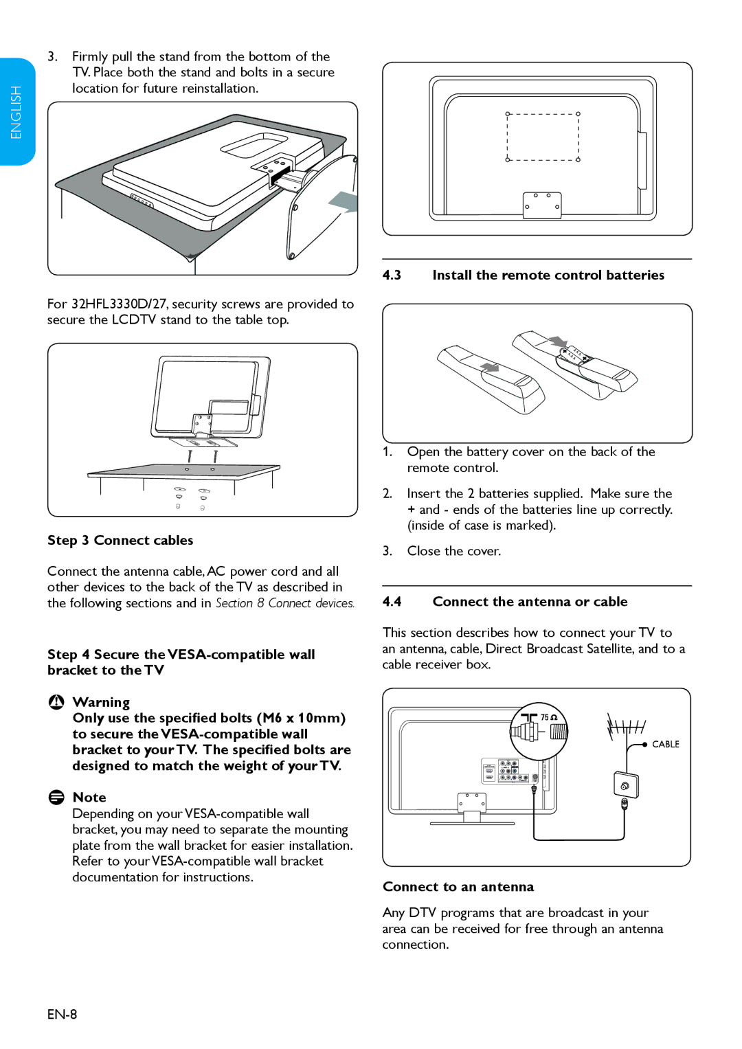 Philips 32HFL3330D user manual Connect cables, Install the remote control batteries, Connect the antenna or cable 