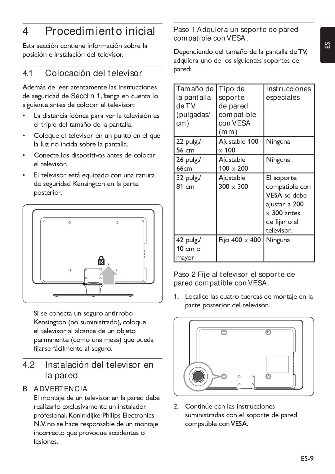 Philips 32HFL5850D Procedimiento inicial, Colocación del televisor, Instalación del televisor en la pared, Bbadvertencia 