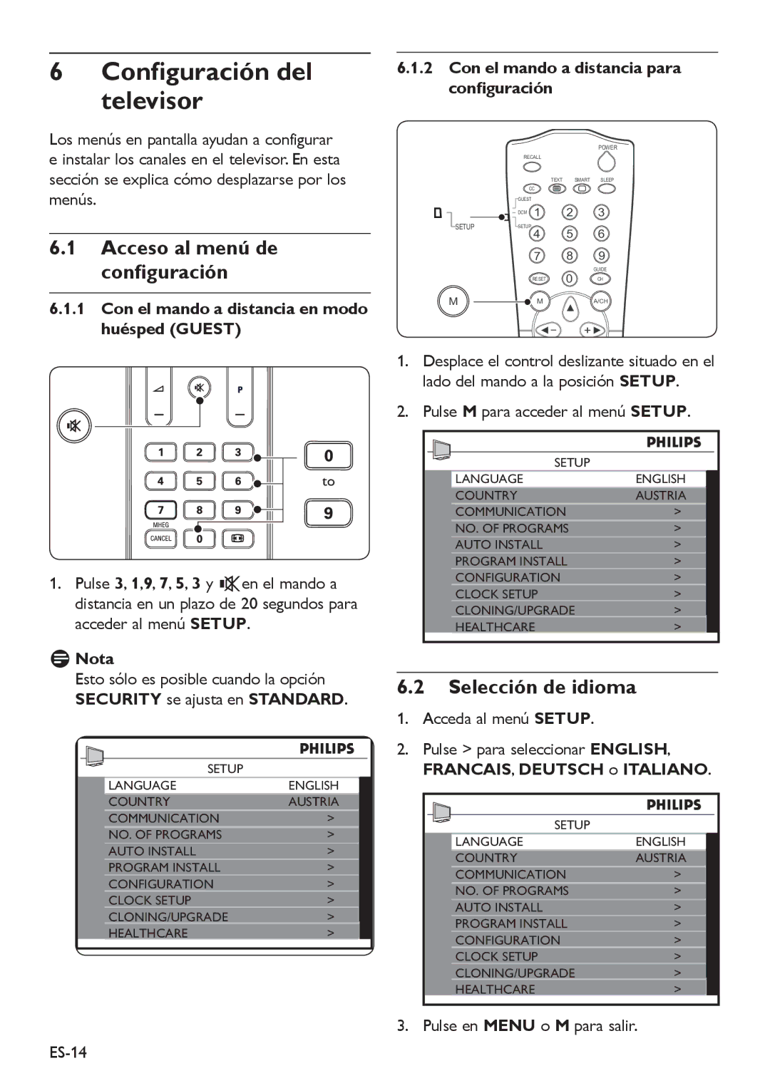 Philips 32HFL5850D manual Configuración del televisor, Acceso al menú de configuración, Selección de idioma 