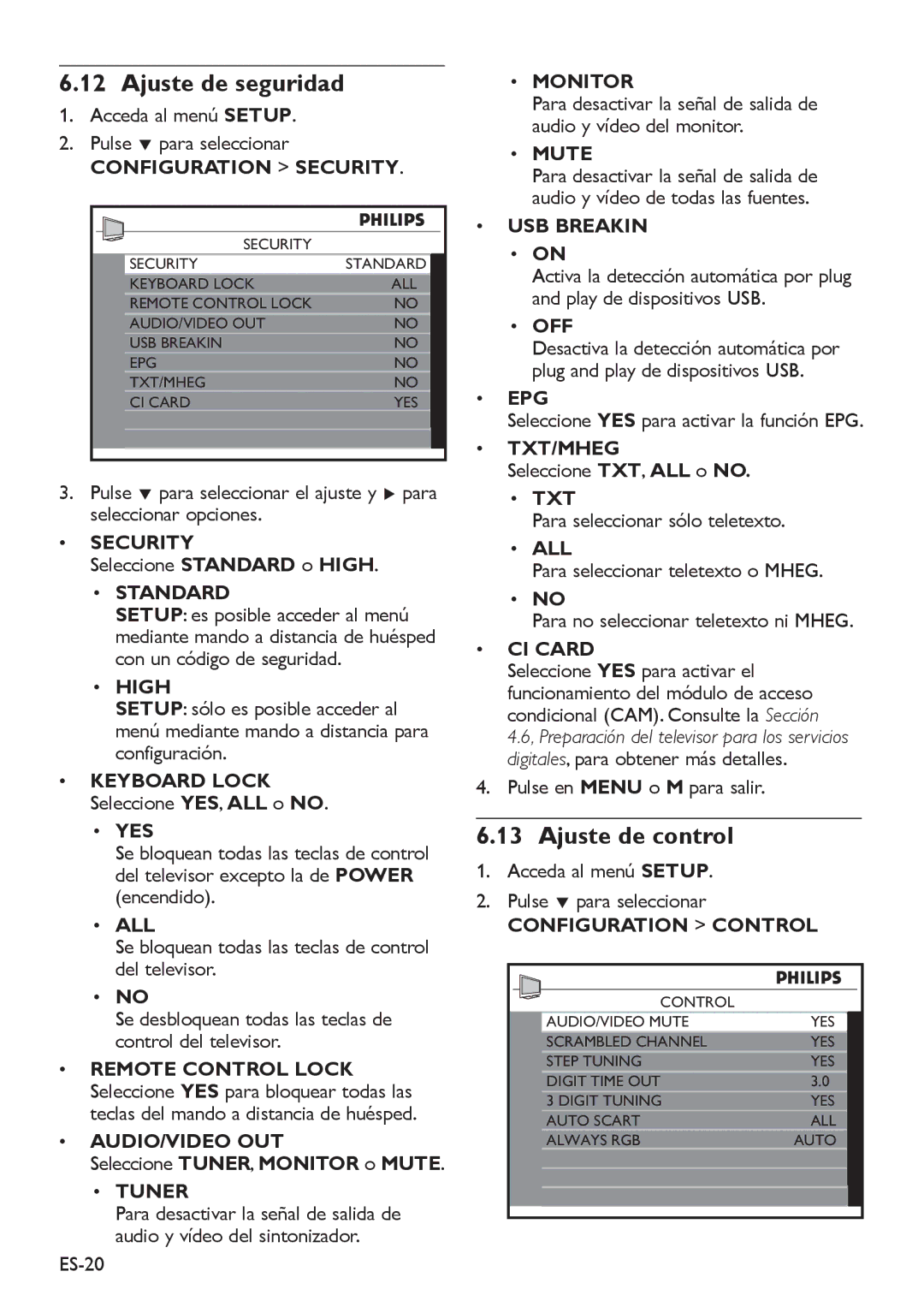 Philips 32HFL5850D manual Ajuste de seguridad, Ajuste de control 