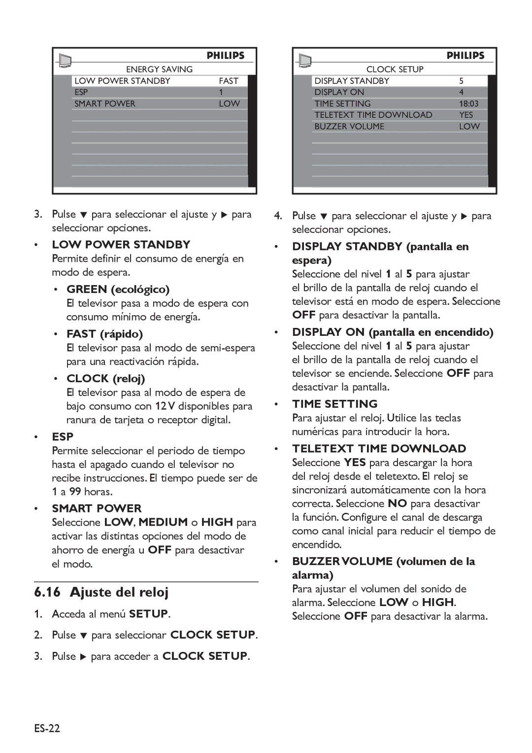 Philips 32HFL5850D manual Ajuste del reloj, LOW Power Standby, Esp, Smart Power, Time Setting 