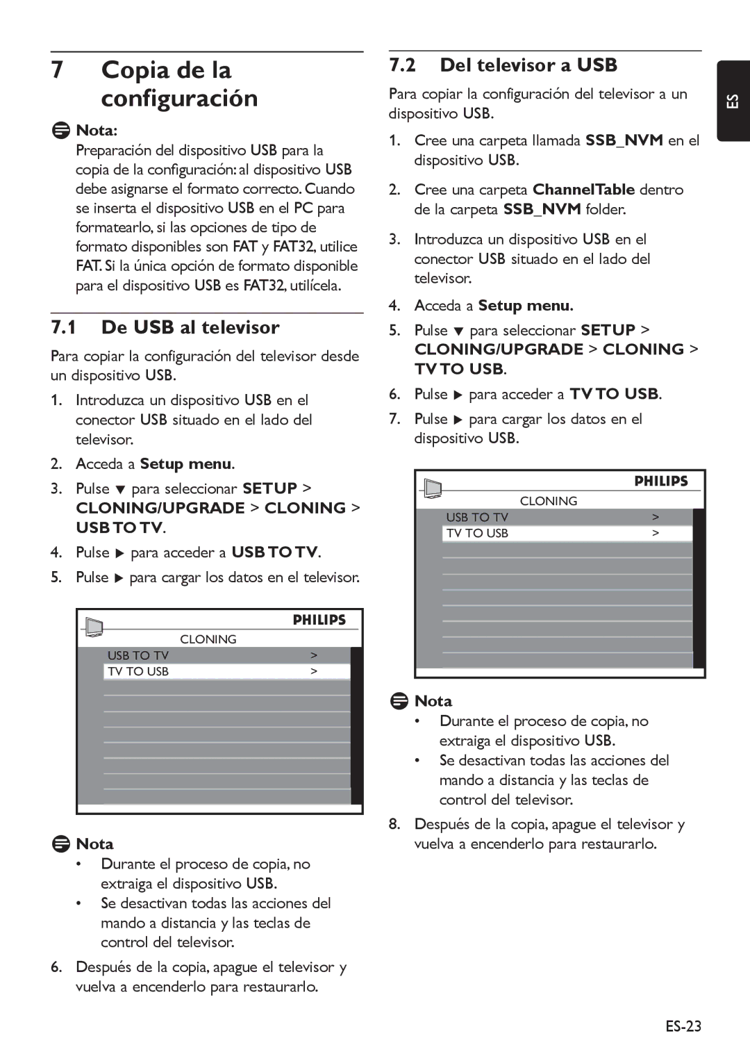 Philips 32HFL5850D manual De USB al televisor, Del televisor a USB, CLONING/UPGRADE Cloning USB to TV, Acceda a Setup menu 